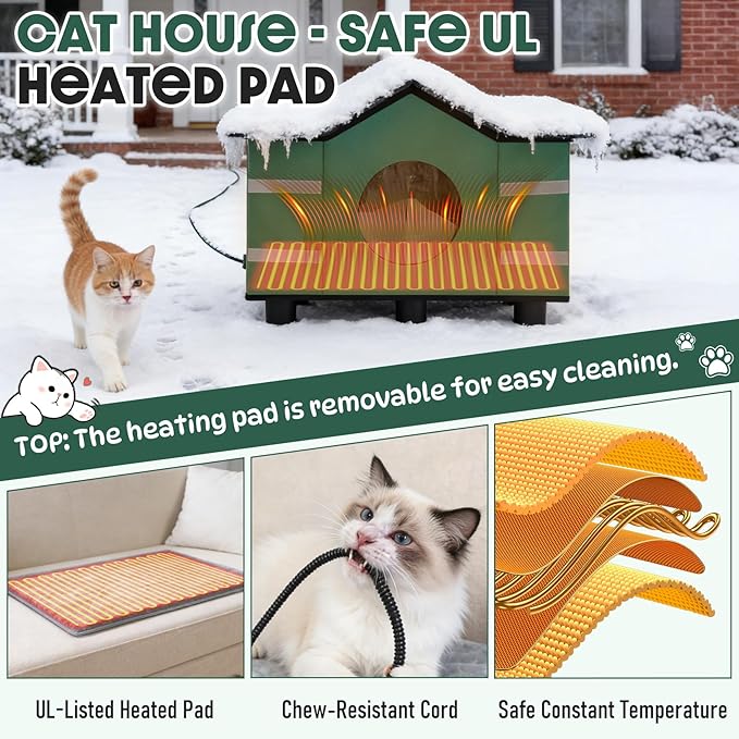Heated Cat Shelter for Outside, Large Outdoor Cat House with Roof Window & Cozy Cushion Winter Insulated Weatherproof for Multiple Feral Kitties Small Pets Garage Yard Porch