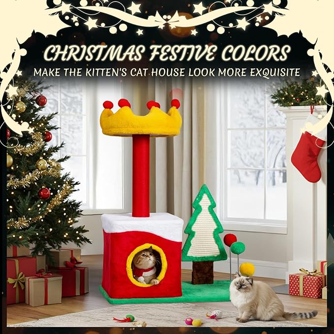 Outvita 29.5in Christmas Outvita Themed Plush Cat Tree, Multi-Level Cat Tower with Cat Condo, Top Crown Perch, Sisal Scratching Posts, Cat Pet Activity Center for Indoor Cats