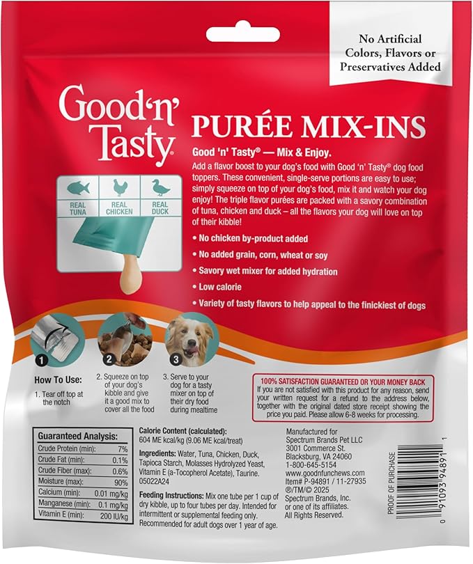 Good 'n' Tasty Triple Flavor Puree Mix-Ins Dog Food Topper Treats for All Dogs, 28 Count, Easy Single-Serve Portions, Added Protein with Tuna, Chicken and Duck
