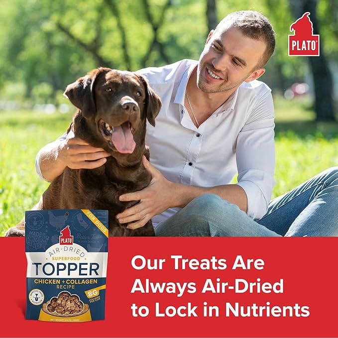 Plato Pet Treats Dog Food Toppers - Air-Dried Dog Food Toppers for Dry Food - with Collagen to Support Skin and Coat Health - Chicken and Collagen Recipe 5.5oz