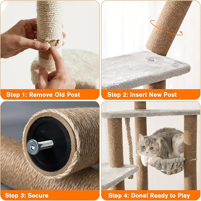 4 Pack Cat Scratching Post Replacement, 15.7 x 3.1 Inch Sisal Poles with M8 Screws, Refill Parts for Indoor Cat Towers and Furniture Repair-Brown