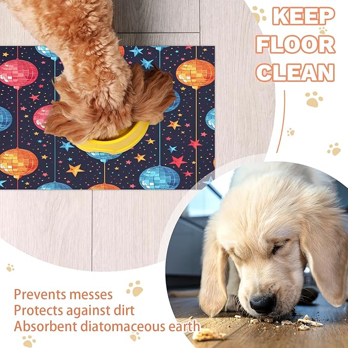 Christmas Ball Dog Food Mat for Floors Absorbent, Quick Dry Water Dispenser Mat for Food, Water, Pet Supplies 17" x 30", Xmas Stars