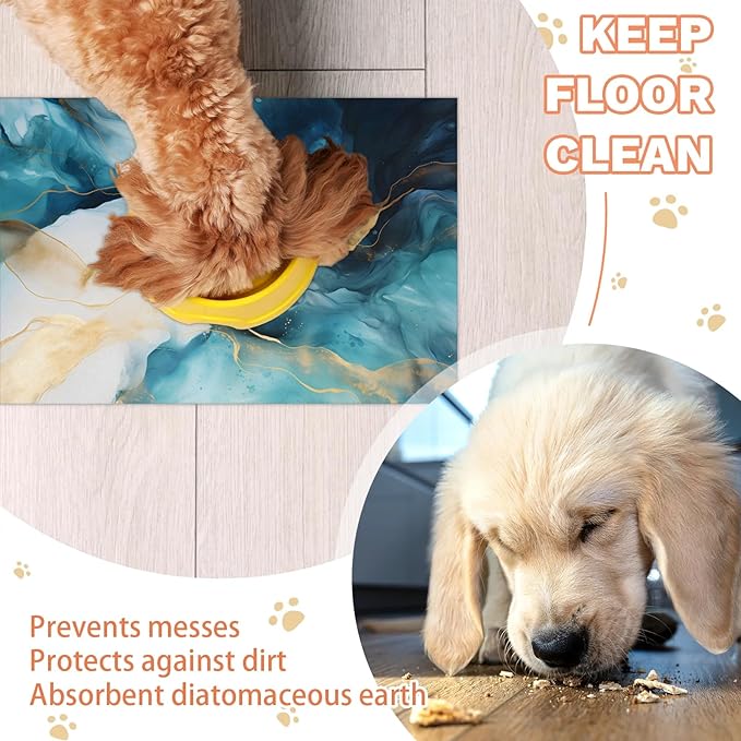 Marble Dog Food Mat for Floors Absorbent, Quick Dry Water Dispenser Mat for Food, Water, Pet Supplies 12" x 20", Blue Gold Stripes