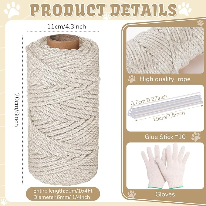 1/4inch ×164Ft Natural Cat Tree Hemp Rope, DIY Repair and Replace Scratching Post Sisal Rope for Scratching Post Cat Tree Tower DIY (White)