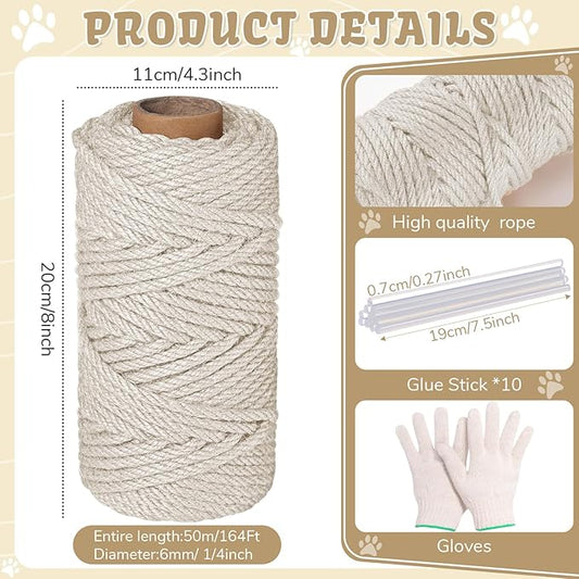 1/4inch ×164Ft Natural Cat Tree Hemp Rope, DIY Repair and Replace Scratching Post Sisal Rope for Scratching Post Cat Tree Tower DIY (White)