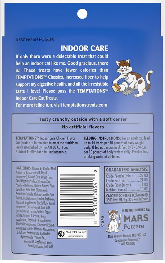 Temptations Cat Treats Indoor Care, Classic Crunchy and Soft Cat Treats, Tasty Chicken Flavor, 2.1 oz. Pouch (Pack of 12)