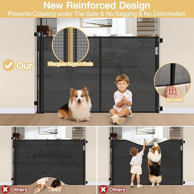 Reinforced 42" Extra Tall Pet Gate 55" Wide Retractable Baby Gate with Support Rods - Retractable Dog Gate Indoor/Outdoor Retractable Gate, Bottom Anti-Escape Tall Dog Gates for Doorways, Black