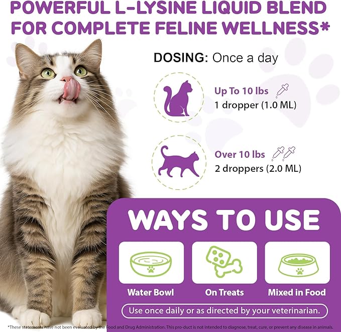 L-Lysine Drops for Cats 60ml - Natural Support for Eye & Respiratory Health | Chicken Flavor | Grain-Free & Gluten-Free | with Herbal Extracts & Vitamins | for Tear Stains & Sneezing