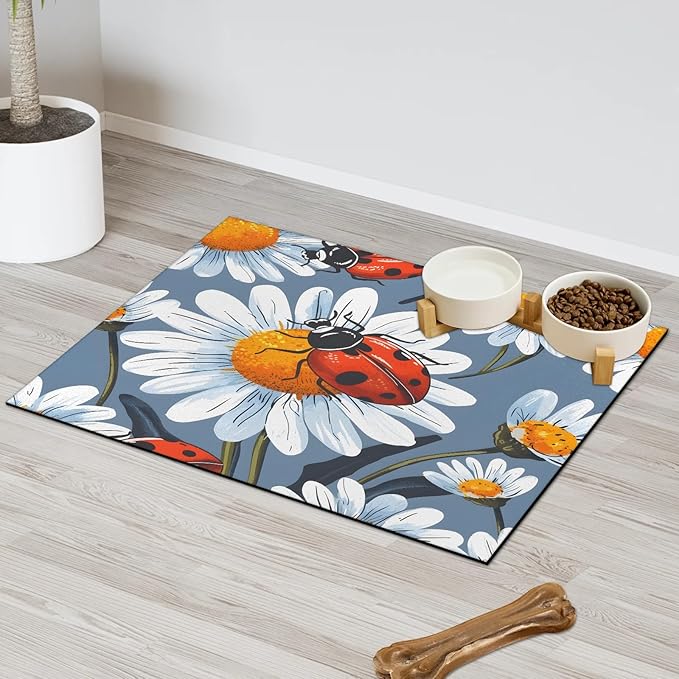 Red Ladybird Dog Food Mat for Floors Absorbent, Quick Dry Water Dispenser Mat for Food, Water, Pet Supplies 24" x 32", Daisy Flower
