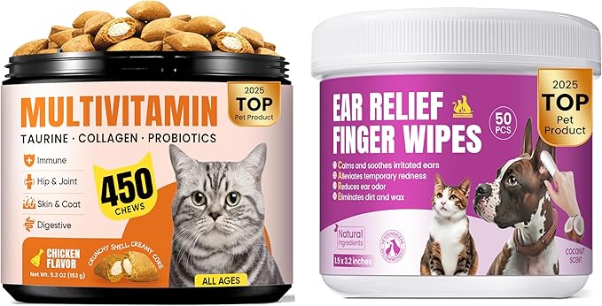 Cat Multivitamin Treats with L-Lysine & Taurine for Daily Immune Health + Gentle Ear Cleaning Finger Wipes for Ear Hygiene & Freshness – Complete Daily Wellness & Ear Care Combo