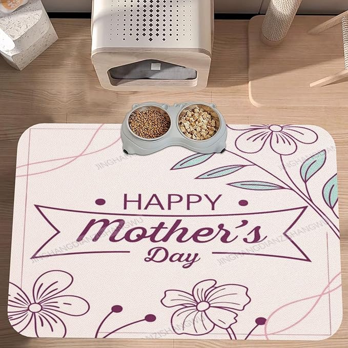 Pet Feeding Mat for Dogs Cats Happy Mother's Day Floral Gift for Mom Classic Fx Absorbent Dog Food Mat Non-Slip Waterproof Placemat Quick Dry Pet Supplies Bowl Mats