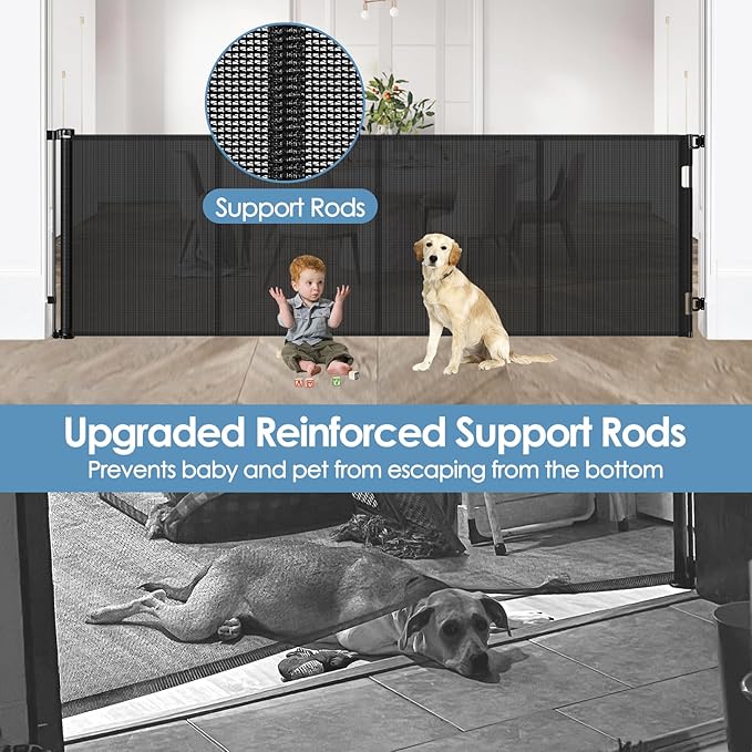 Reinforced 200 Inch Extra Wide Retractable Baby Gates with Reinforced Rods, Retractable Dog Gate Prevent Bottom Crawling Through, Mesh Pet Gate for Large Openings, Black