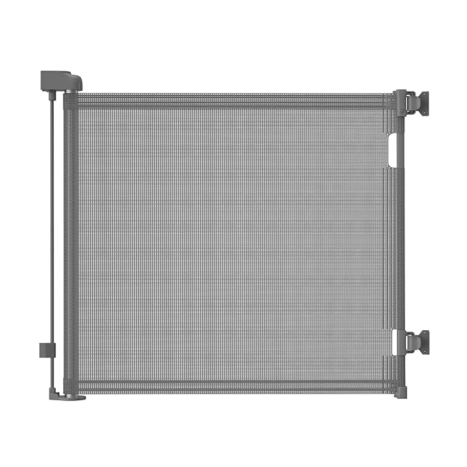 Retractable Baby Gate for Stairs – 33” Height, Expands up to 71” Width – Safety Gate for Infants, Toddlers, Dogs & Pets – Easy Install, Secure Closure, Gray Mesh Design for Indoor & Outdoor Use