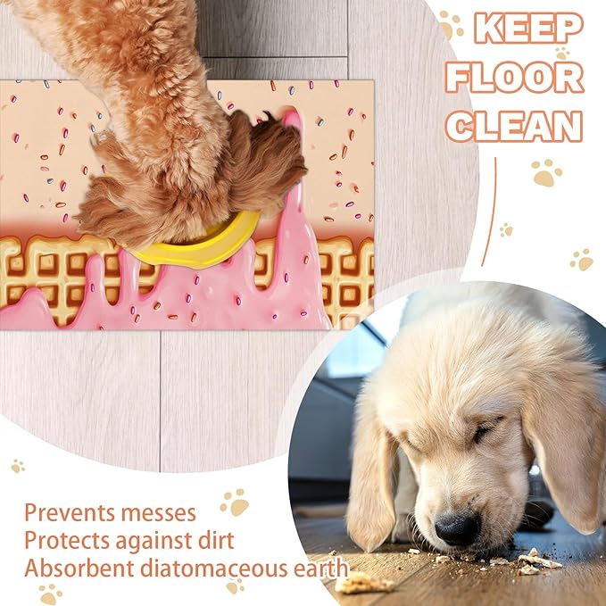 Pink Ice Cream Dog Food Mat for Floors Absorbent Dog Bowl Mat for Food and Water Dispenser Quick Dry Cat Food Placemat Pet Supplies 12" x 20", Waffle