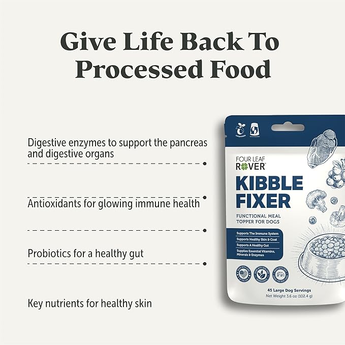 FOUR LEAF ROVER Kibble Fixer - Freeze-Dried Dog Food Topper with Dog Probiotics and Digestive Enzymes - Supports Healthy Digestion and Immune Systems