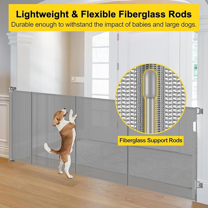 Reinforced 42” Tall x 160” Extra Wide Retractable Gates with Support Rods, Tall Pet Gate for Large Openings, Outdoor Dog Gates Extra Wide Baby Gate for The House Large Mesh Gate, Gray