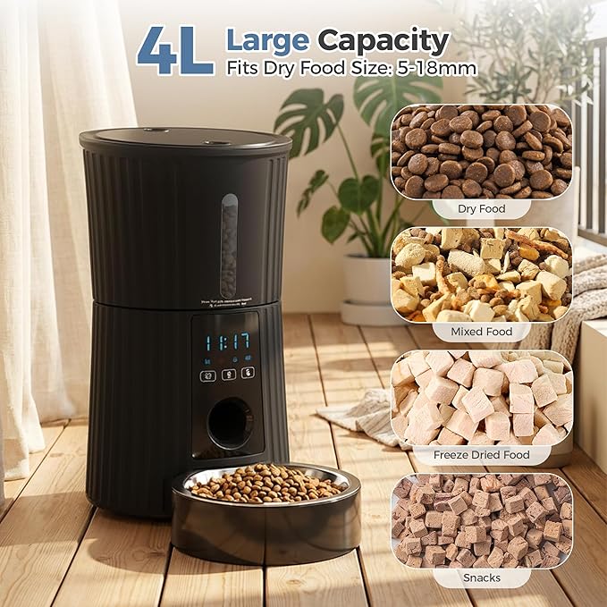 DUMOS Automatic Cat Feeder, 4L Timed Cat Food Dispenser with APP Control, 10s Voice Recorder, Dual Power Supply, 2.4G WiFi Indoor Programmable Pet Feeder with Desiccant for Small Cats and Dogs, Black