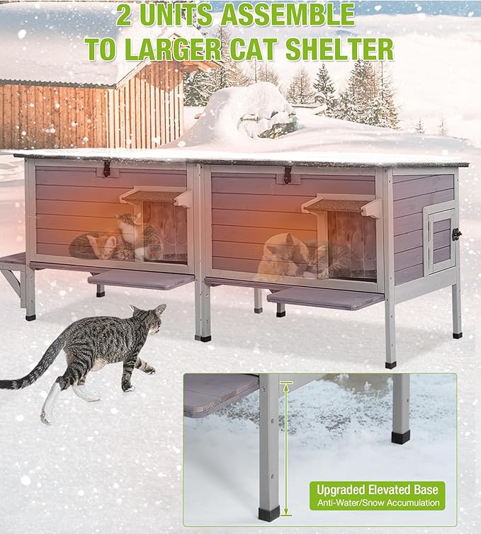 GUTINNEEN Heated Cat House for Outside, Outdoor Cat House Insulated with Bite-Resistant Wires, Detachable Lining, Expandable Feral Cat Shelter with Weatherproof Roof