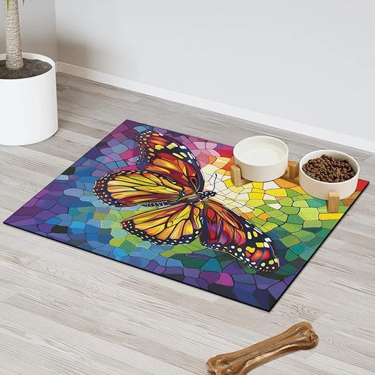 Rainbow Butterfly Dog Food Mat for Floors Absorbent, Quick Dry Water Dispenser Mat for Food, Water, Pet Supplies 16" x 24", Colorful Butterflies