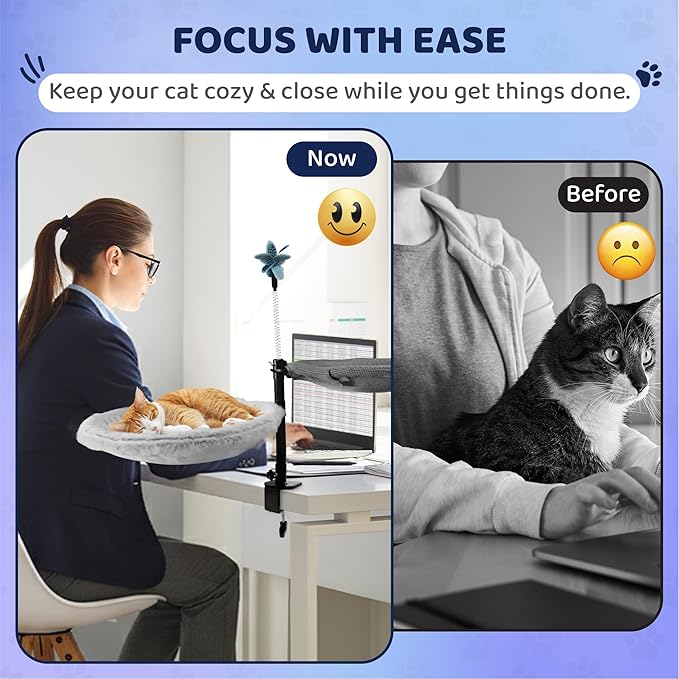 2-Tier Large Cat Desk Bed with Dual Hammocks | Ultra-Soft Removable Fur & Breathable Mesh Pads | Desk-Mounted Perch for One or Multiple Cats | Bonus Feather Toy Included