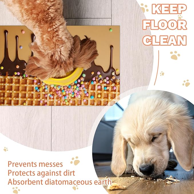 Ice Cream Dog Food Mat for Floors Absorbent Dog Bowl Mat for Food and Water Dispenser Quick Dry Cat Food Placemat Pet Supplies 16" x 24", Chocolate Dessert