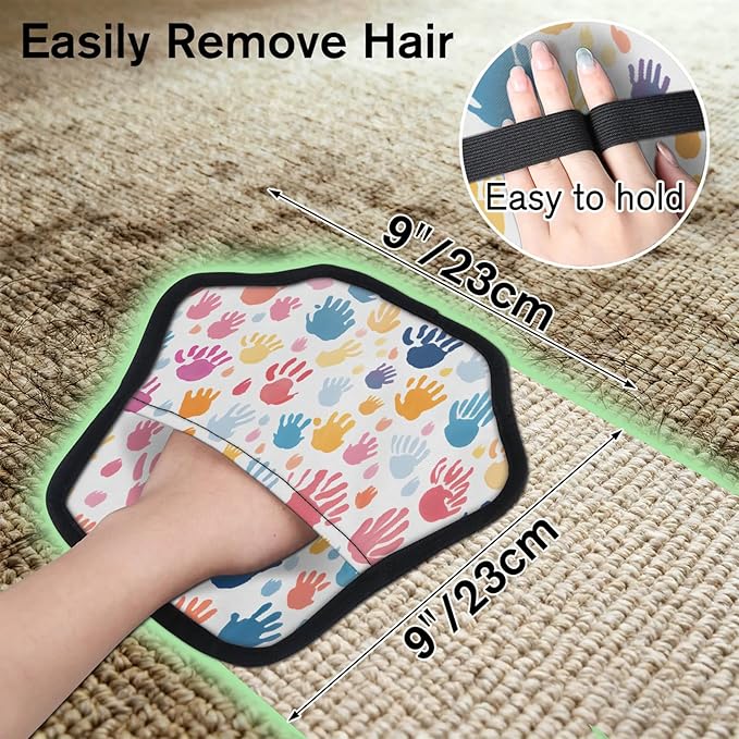 Reusable Pet Hair Removal Glove Colorful Hand Prints Magic Brush for Cat & Dog Hair Remover for Car, Sofa, Bedding, Clothes - 9x9 Mitt Washable