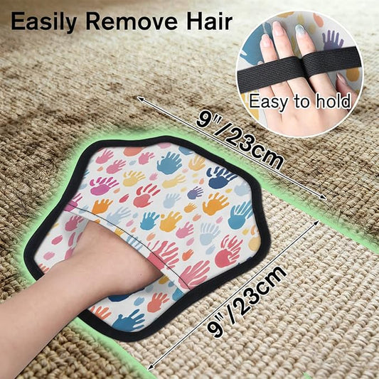 Reusable Pet Hair Removal Glove Colorful Hand Prints Magic Brush for Cat & Dog Hair Remover for Car, Sofa, Bedding, Clothes - 9x9 Mitt Washable
