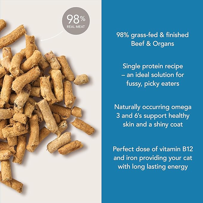 Feline Natural High Protein Dry Cat Food, Freeze-Dried Diet with 98% Meat, Organs & Seafood, No Peas, Grains, or Artificial Additives, Made in New Zealand, Beef, 11oz