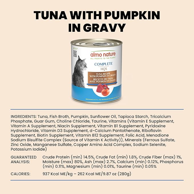 almo nature HQS Complete CAT Wet Cat Food Tuna Recipe with Pumpkin in Gravy - Grain-Free Cat Food Canned, 9.87 oz (Pack of 24)