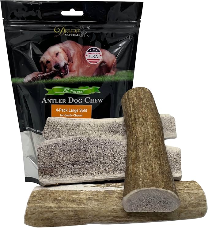 4-Pack Large Split Elk Antler Dog Chews (6 to 7.5+ in) – Natural Long Lasting Chews for Small Medium Dogs Under 45 lbs, Gentle Light Chewers, Dental Health Treats