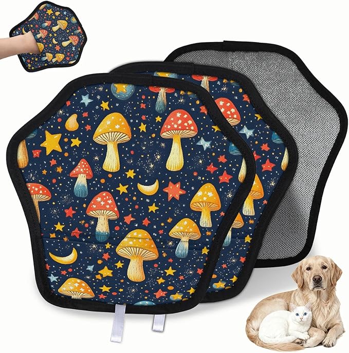 Reusable Pet Hair Removal Glove Mushrooms Moon Stars Magic Brush for Cat & Dog Hair Remover for Car, Sofa, Bedding, Clothes - 9x9 Mitt Washable