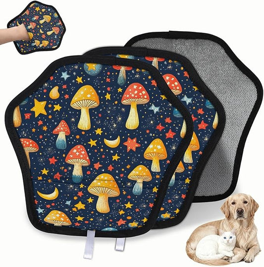 Reusable Pet Hair Removal Glove Mushrooms Moon Stars Magic Brush for Cat & Dog Hair Remover for Car, Sofa, Bedding, Clothes - 9x9 Mitt Washable