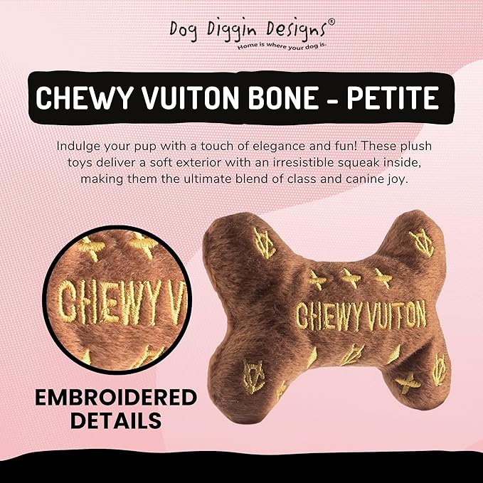 Dog Diggin Designs Chewy Vuiton Plush Dog Toy Bone | Luxury-Inspired Parody Designer Bone with Squeaker, Soft Plush Chew & Play Dog Toy – Prêt-à-Porter Play!