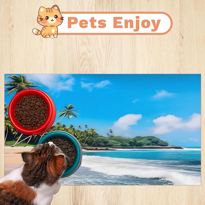 Tropical Beach Dog Food Mat for Floors Absorbent, Quick Dry Water Dispenser Mat for Food, Water, Pet Supplies 24" x 32", Palm Tree