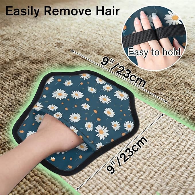 Reusable Pet Hair Removal Glove Navy Blue Daisy Flowers Magic Brush for Cat & Dog Hair Remover for Car, Sofa, Bedding, Clothes - 9x9 Mitt Washable