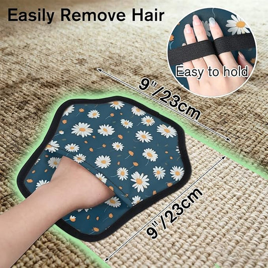 Reusable Pet Hair Removal Glove Navy Blue Daisy Flowers Magic Brush for Cat & Dog Hair Remover for Car, Sofa, Bedding, Clothes - 9x9 Mitt Washable