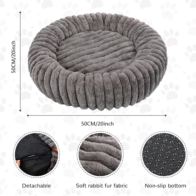 Cat Bed for Indoor Cats, 20 inch Calming Cat Bed with Ultra Soft Plush, Machine Washable Round Anti-Anxiety Pet Bed for Kittens & Small Dogs, Grey