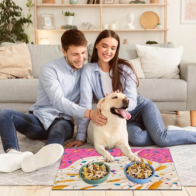 Ice Cream Dog Food Mat for Floors Absorbent Dog Bowl Mat for Food and Water Dispenser Quick Dry Cat Food Placemat Pet Supplies 17" x 30", Colorful Dessert