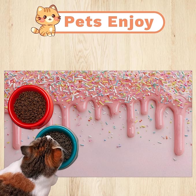 Ice Cream Dog Food Mat for Floors Absorbent Dog Bowl Mat for Food and Water Dispenser Quick Dry Cat Food Placemat Pet Supplies 12" x 20", Pink Ice Cream