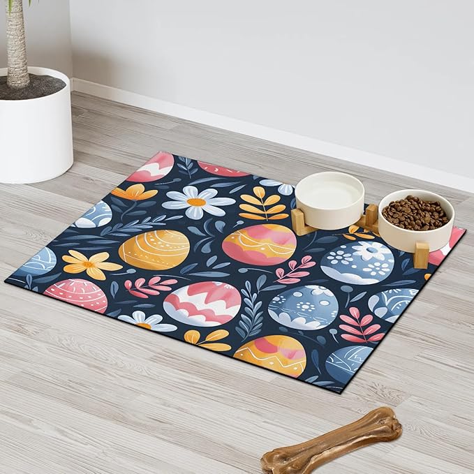 Easter Egg Dog Food Mat for Floors Absorbent Dog Bowl Mat for Food and Water Dispenser Quick Dry Cat Food Placemat Pet Supplies 12" x 20", Spring Floral