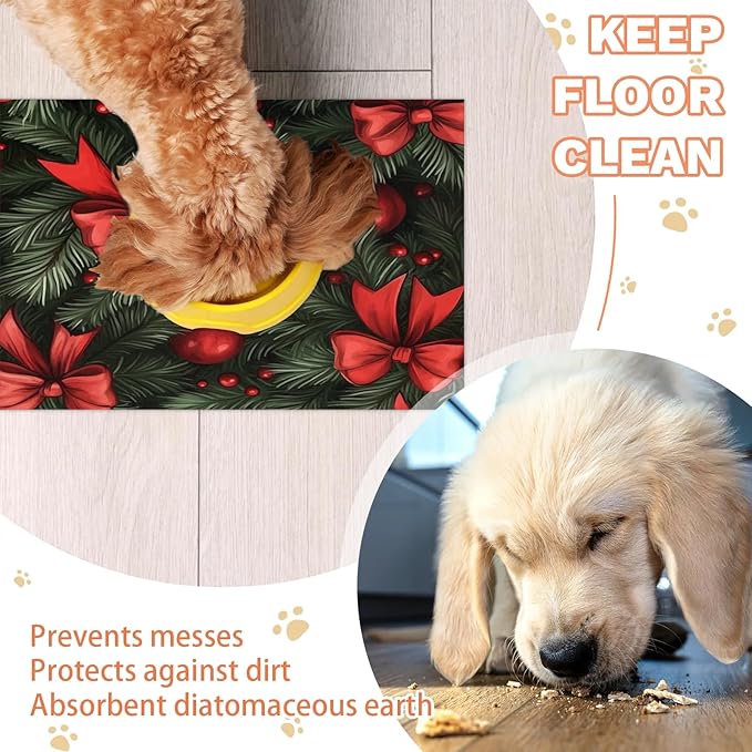 Xmas Pine Tree Dog Food Mat for Floors Absorbent, Quick Dry Water Dispenser Mat for Food, Water, Pet Supplies 16" x 24", Christmas Bow