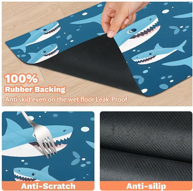 Cartoon Shark Dog Food Mat for Floors Absorbent Dog Bowl Mat for Food and Water Dispenser Quick Dry Cat Food Placemat Pet Supplies 17" x 30", Ocean Sea