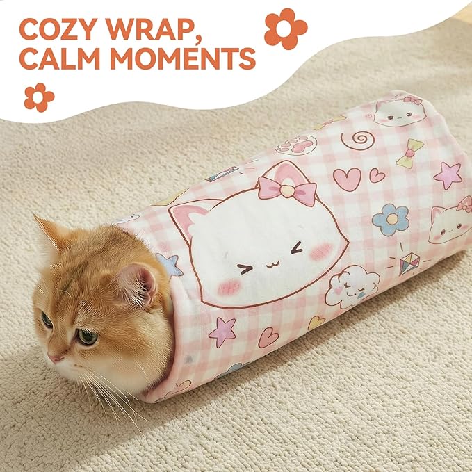 BFNN Cat Grooming Wrap for Cutting Nails, 27.6" Anti-Escape Calming Cat Swaddle Wrap for Medicine, Nail Clipping, Teeth Brushing, Ear Cleaning, Self-Adherent Burrito Restraint, (Happy Kitty, L)