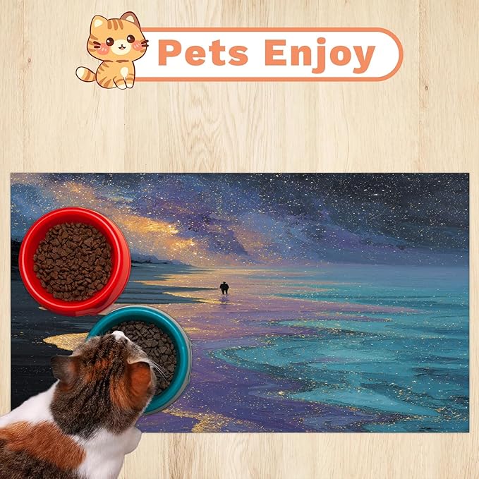 Beach Dog Food Mat for Floors Absorbent, Quick Dry Water Dispenser Mat for Food, Water, Pet Supplies 16" x 24", Galaxy Star