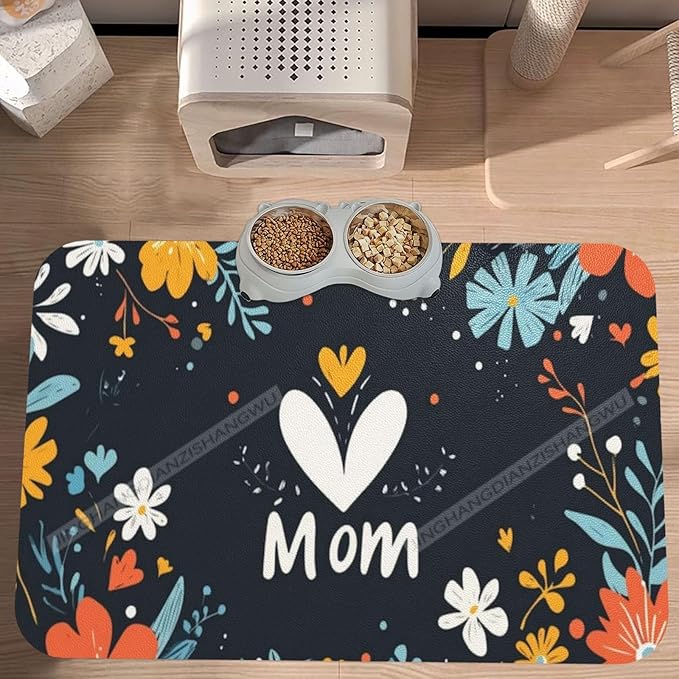 Pet Feeding Mat Absorbent Dog Mat for Food Water Bowl No Stains Quick Dry Water Dispenser Mats Happy Mother's Day Floral Gift Mom Bu Dog Accessories Pet Supplies Bowl for Messy Drinkers 18X12In