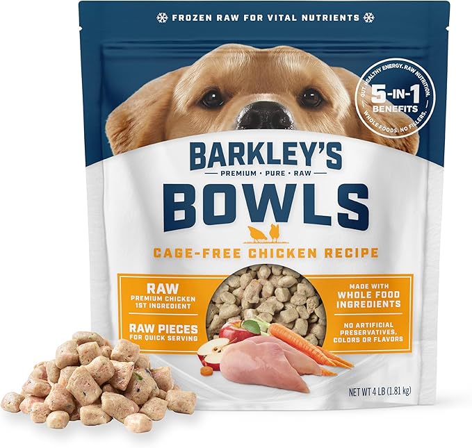 Barkley’s Bowls, Frozen Raw Chicken Dog Food, Fresh Whole Food Ingredients with Cage-Free Chicken, Grain Free, High Protein for Balanced Nutrition, Frozen Meals, Human Grade Ingredients, 4 lb (6 Pack)