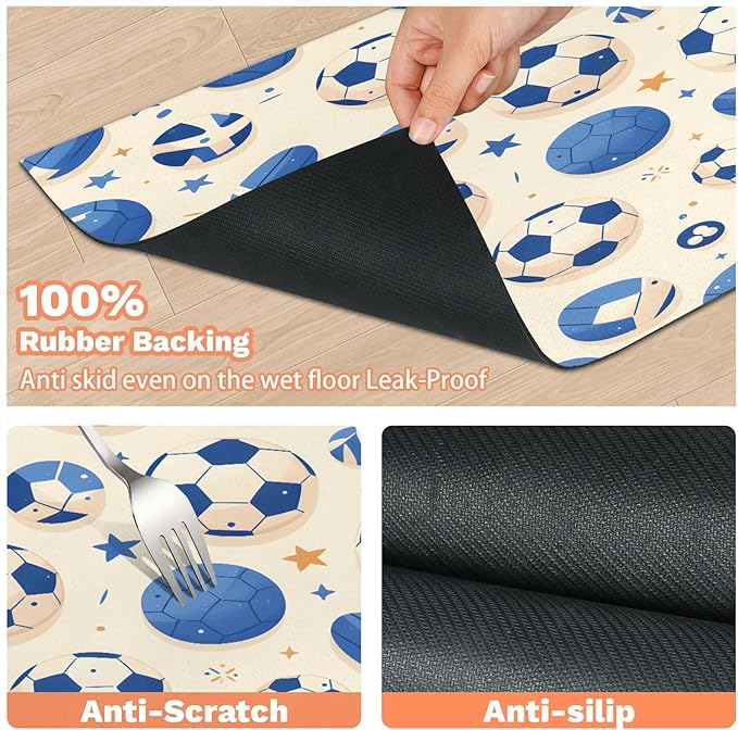 Soccer Dog Food Mat for Floors Absorbent, Quick Dry Water Dispenser Mat for Food, Water, Pet Supplies 17" x 30", Football Ball