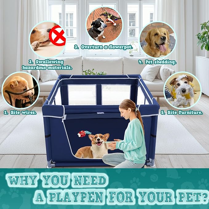 42x42 Inches Puppy Playpen with Gate, Dog Playpen for Puppies or Small Dogs, DogFence Pet Playpen for Indoor & Outdoor, Sturdy Safety DogPen with Thickened Fabric, High-Strength Nylon Wire Mesh