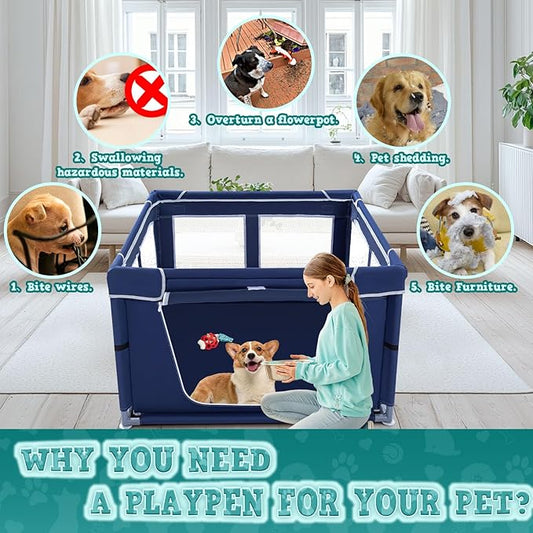 42x42 Inches Puppy Playpen with Gate, Dog Playpen for Puppies or Small Dogs, DogFence Pet Playpen for Indoor & Outdoor, Sturdy Safety DogPen with Thickened Fabric, High-Strength Nylon Wire Mesh