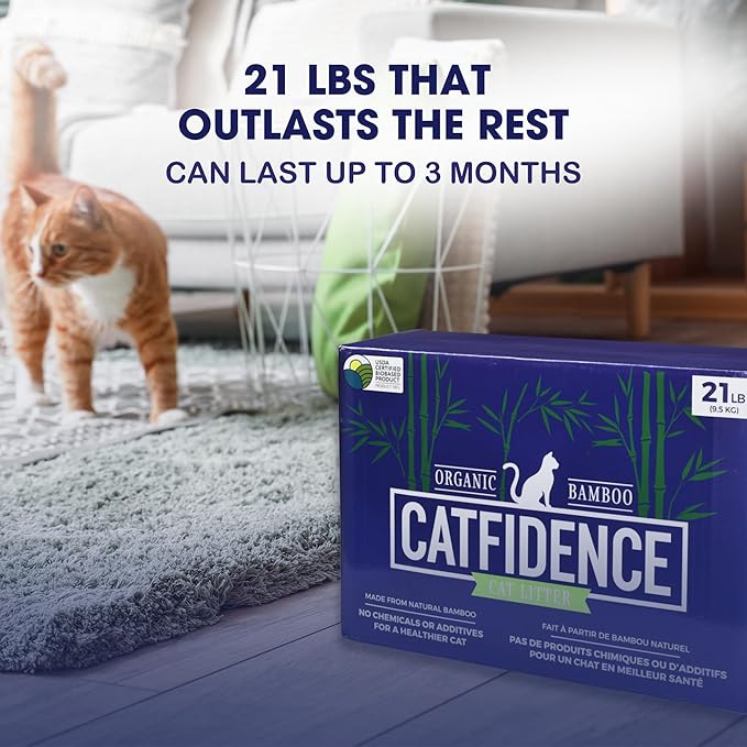 Catfidence® Organic Bamboo Cat Litter, Unscented, Dust-Free & Fast-Drying, Long-Lasting Odor Control, Multi-Cat Friendly (21lb (Pack of 3))